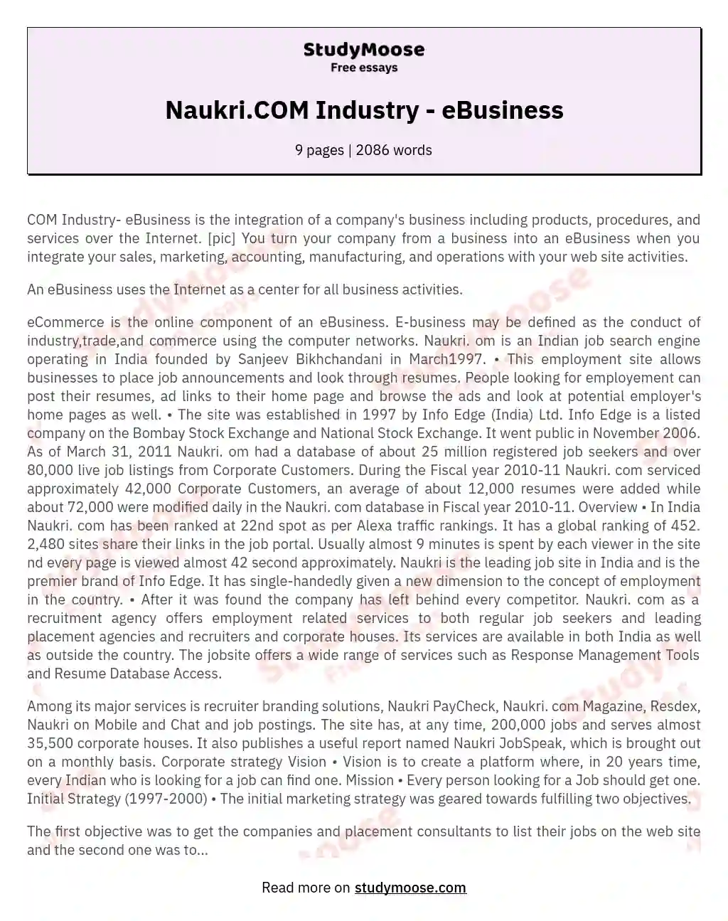 Naukri.COM Industry - eBusiness essay