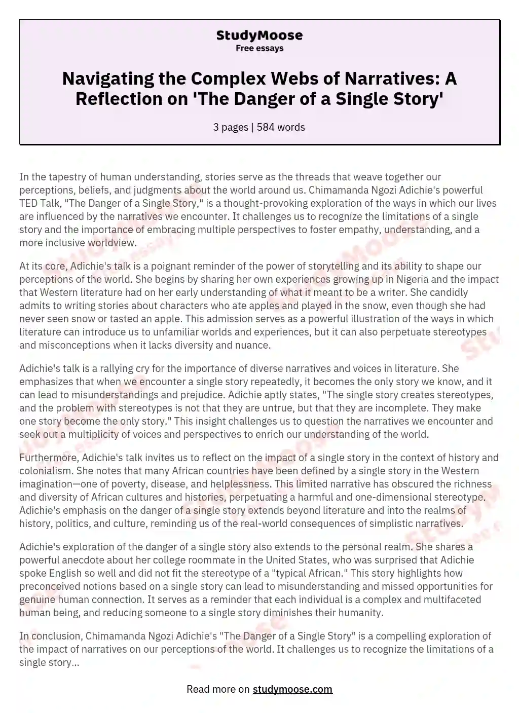 Navigating the Complex Webs of Narratives: A Reflection on 'The Danger of a Single Story' essay