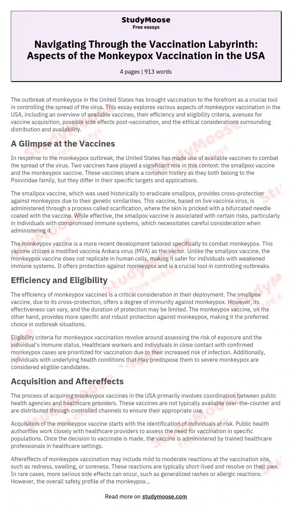 Navigating Through the Vaccination Labyrinth: Aspects of the Monkeypox Vaccination in the USA essay