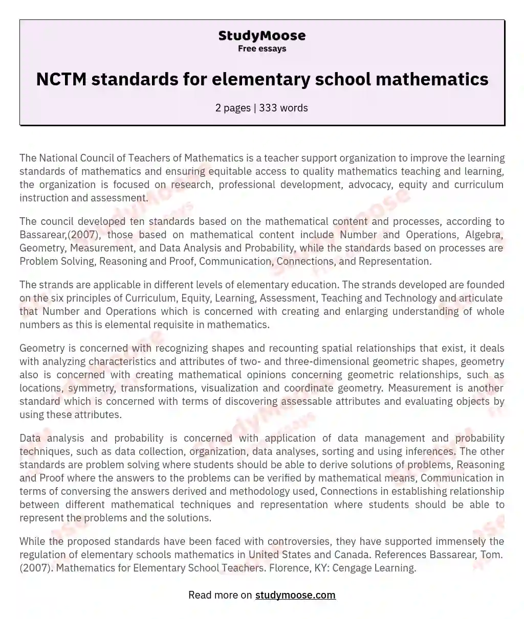 NCTM standards for elementary school mathematics