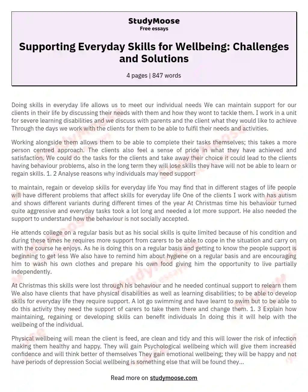 Supporting Everyday Skills for Wellbeing: Challenges and Solutions essay