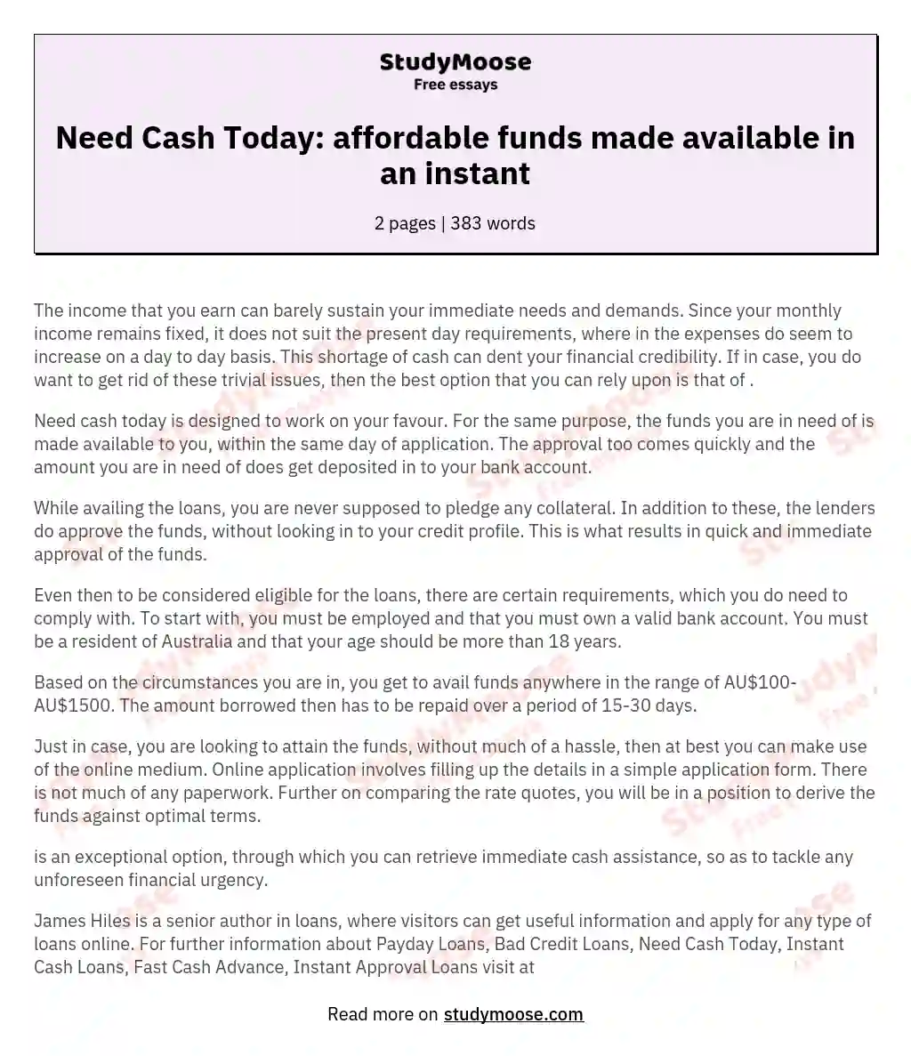 Need Cash Today: affordable funds made available in an instant