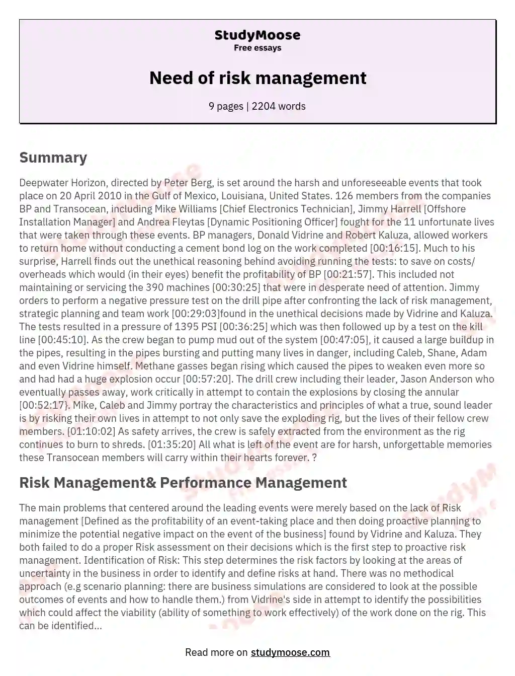 Need of risk management essay