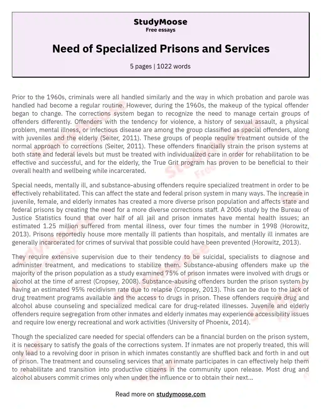 Need of Specialized Prisons and Services essay