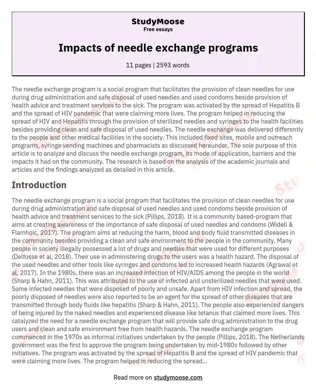 Impacts of needle exchange programs essay