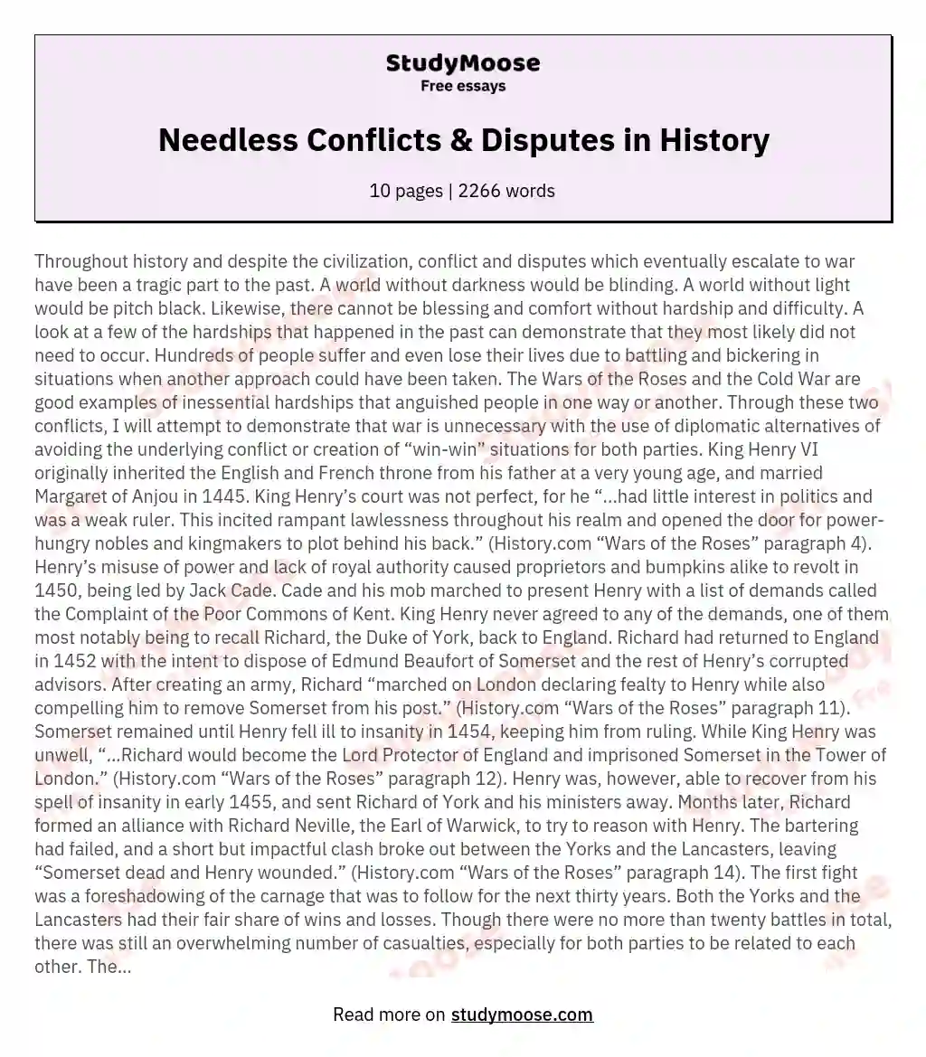 Needless Conflicts & Disputes in History essay