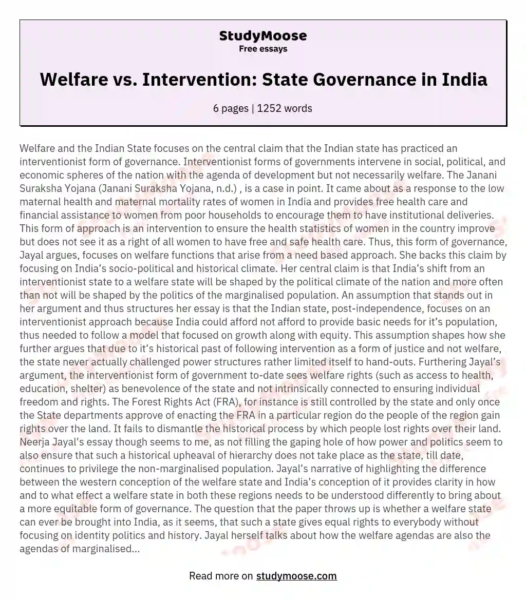 Welfare vs. Intervention: State Governance in India essay