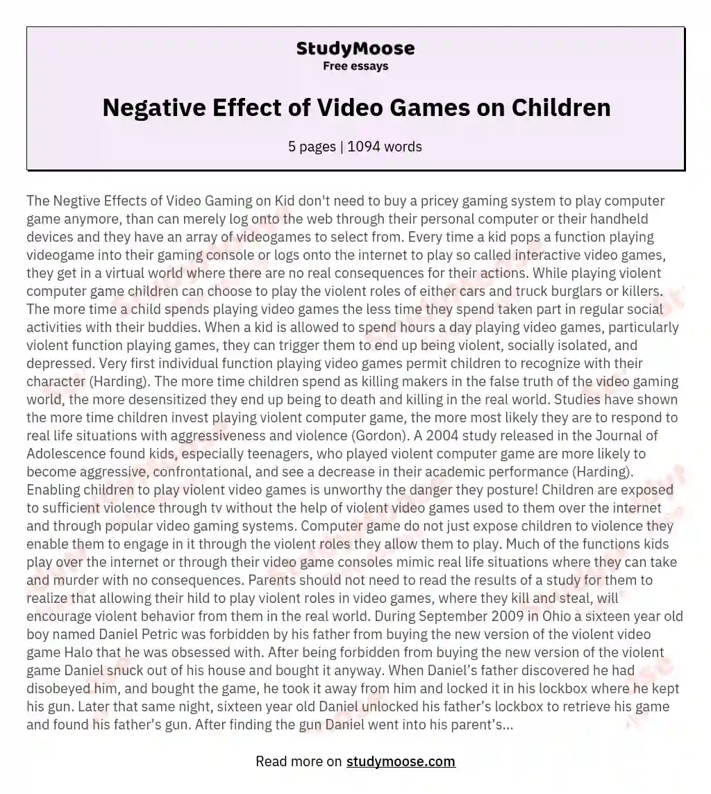 Essay Writing on Negative Effects of Online Games  Essay on Negative  Effects of Video Games 