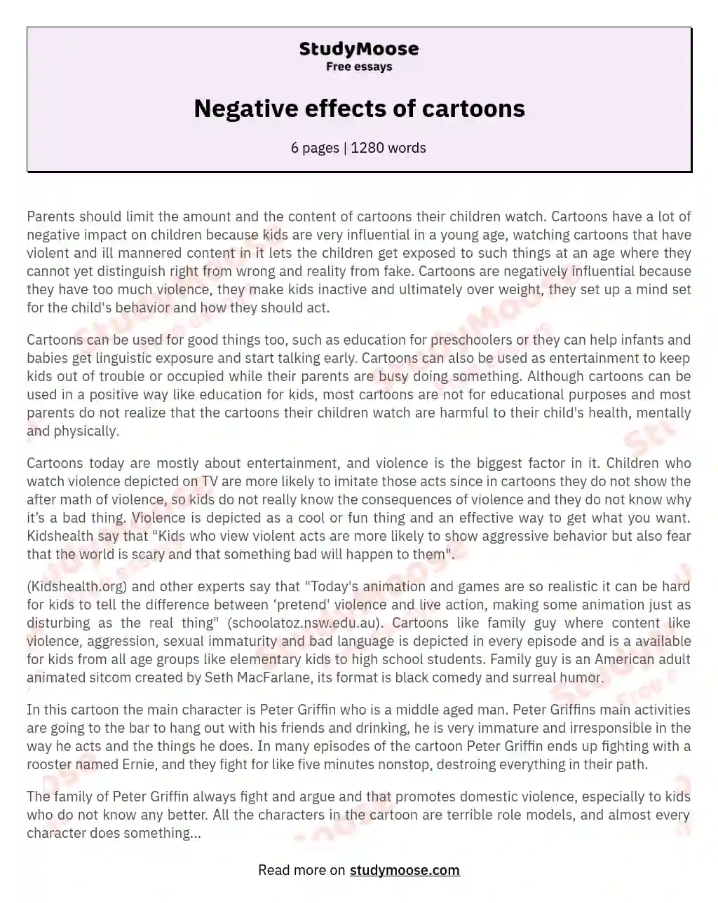 Negative effects of cartoons Free Essay Example