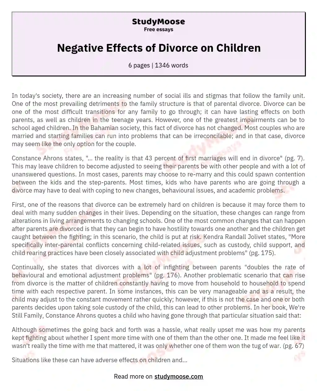 Negative Effects of Divorce on Children essay