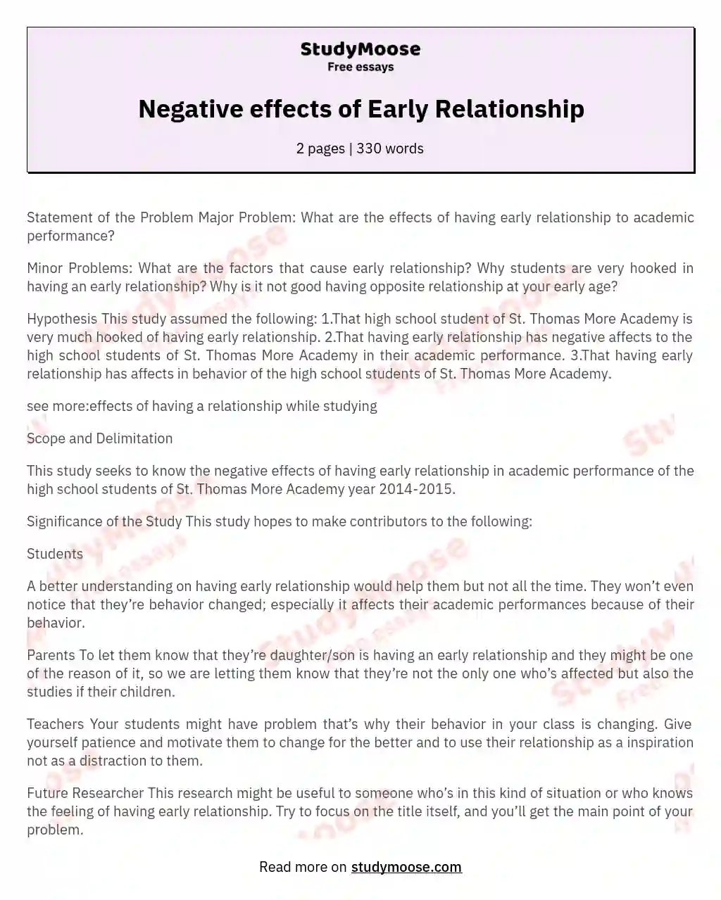 Negative effects of Early Relationship essay