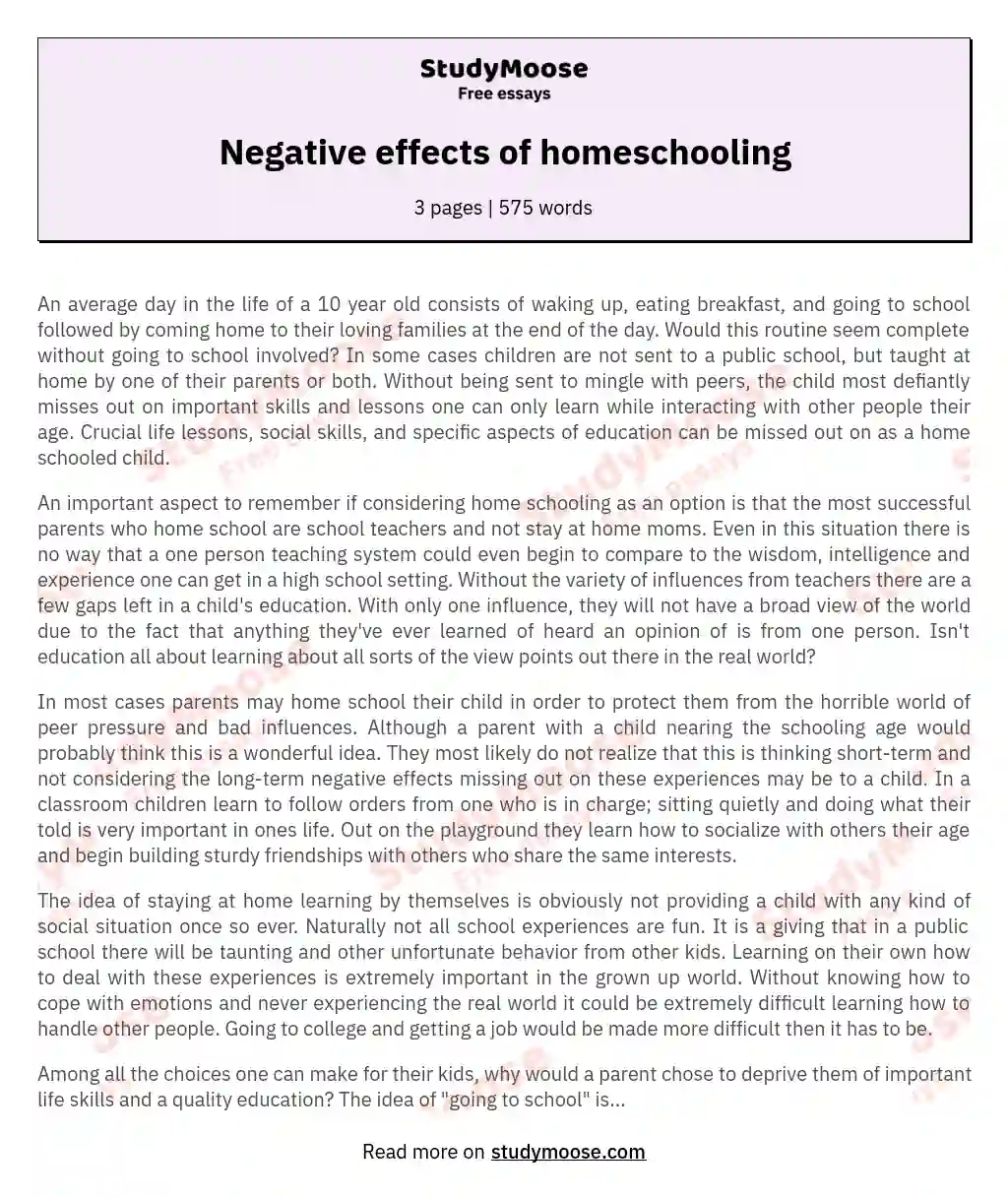 Negative effects of homeschooling essay
