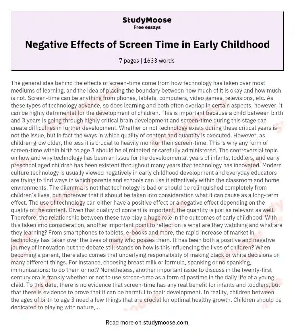 Negative Effects of Screen Time in Early Childhood essay