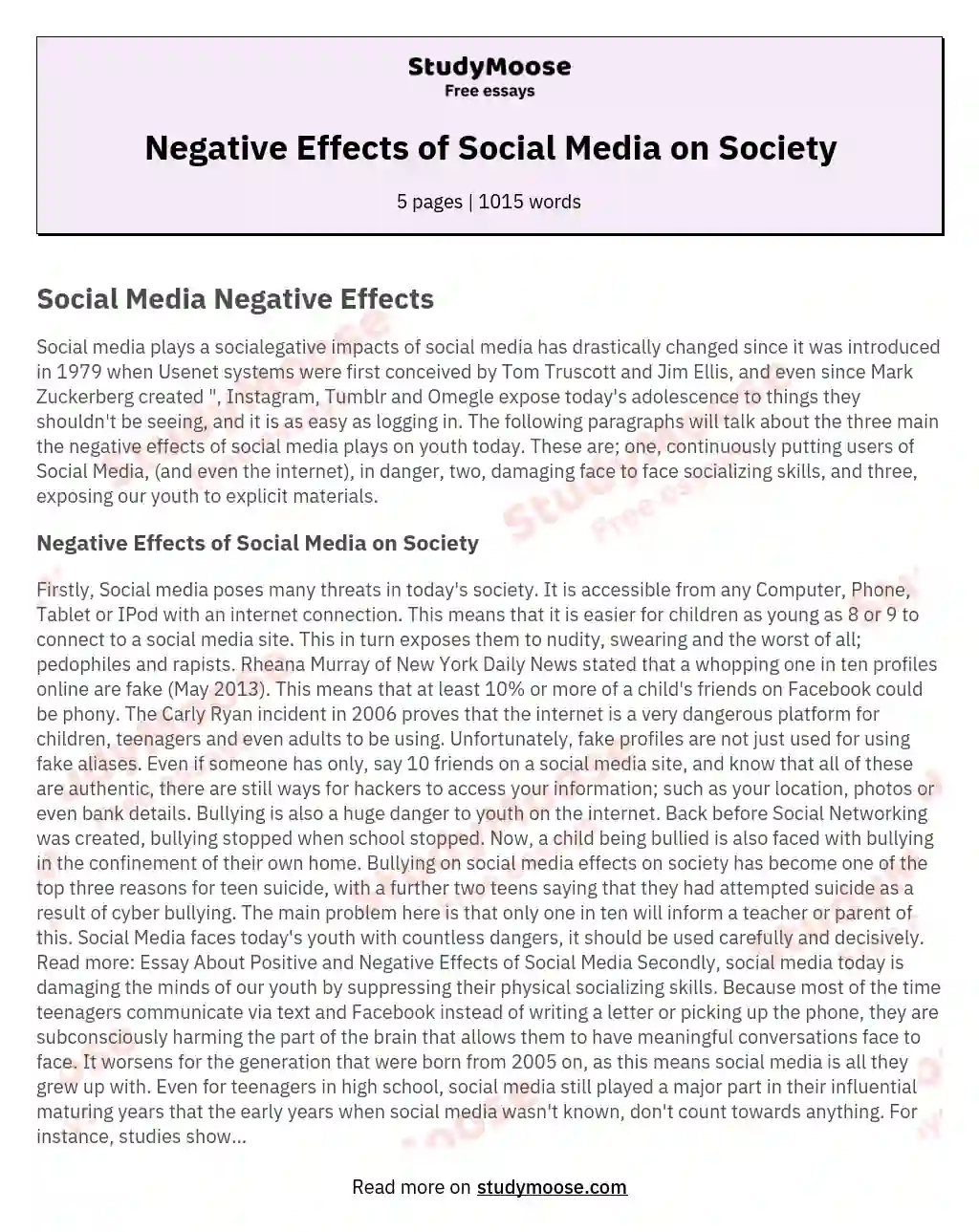 negative effects of social media on youth essay