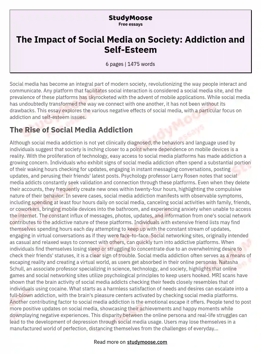 The Impact of Social Media on Society: Addiction and Self-Esteem essay