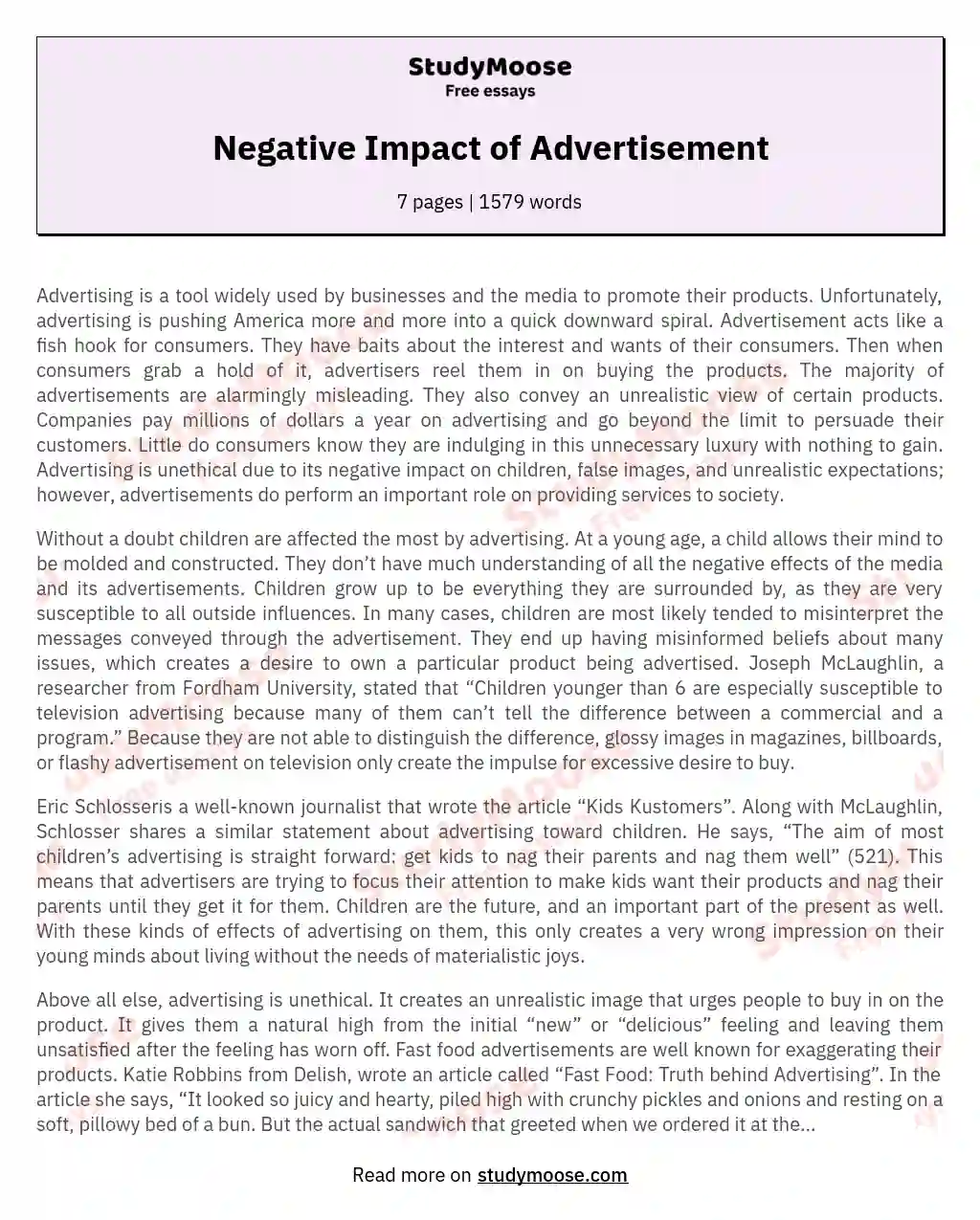 Negative Impact of Advertisement essay