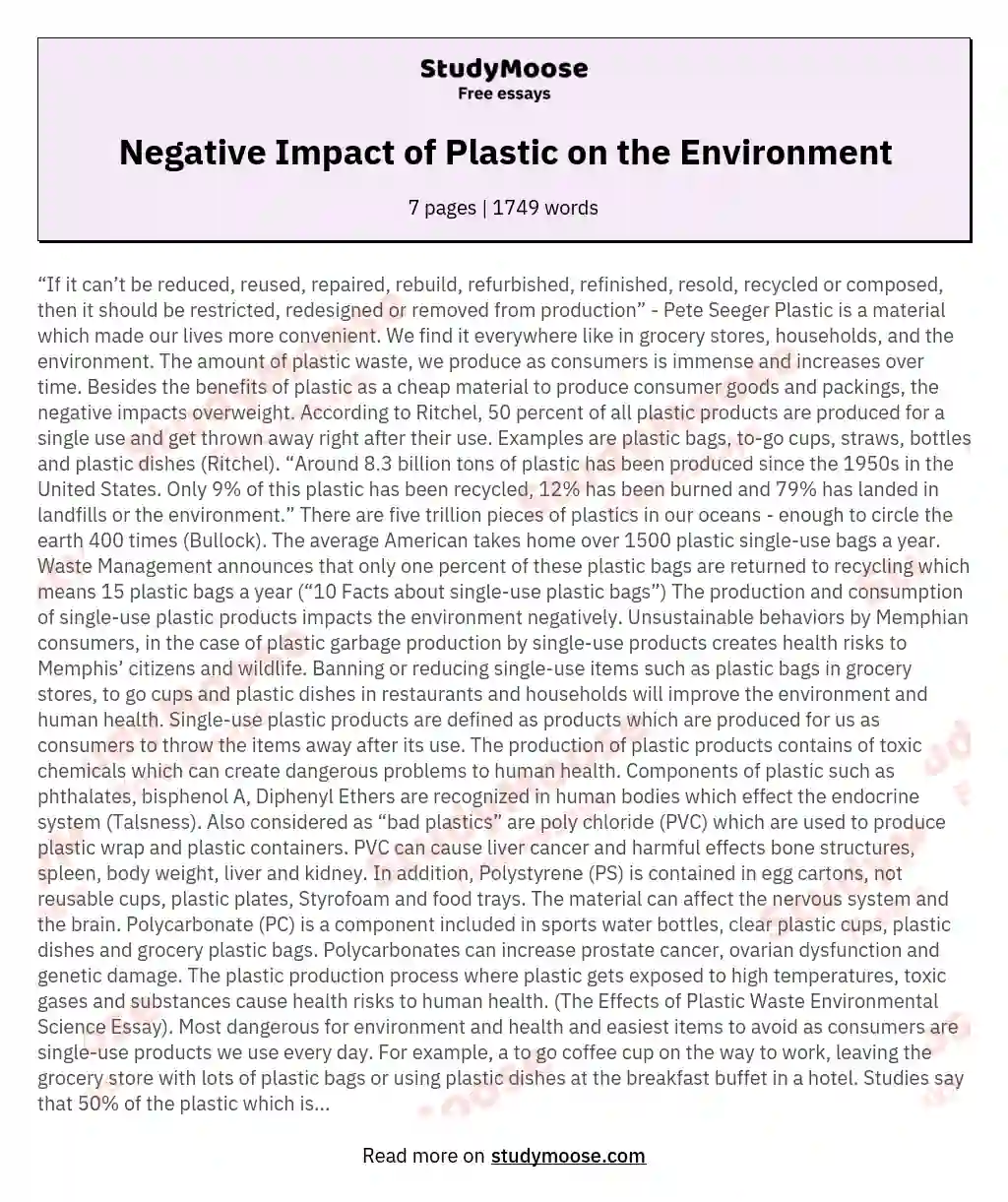 Negative Impact of Plastic on the Environment essay