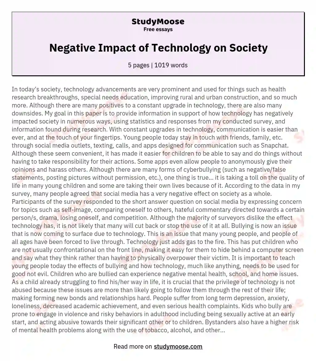 Negative Impact of Technology on Society essay