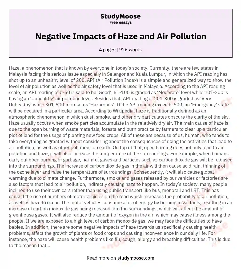Negative Impacts of Haze and Air Pollution essay
