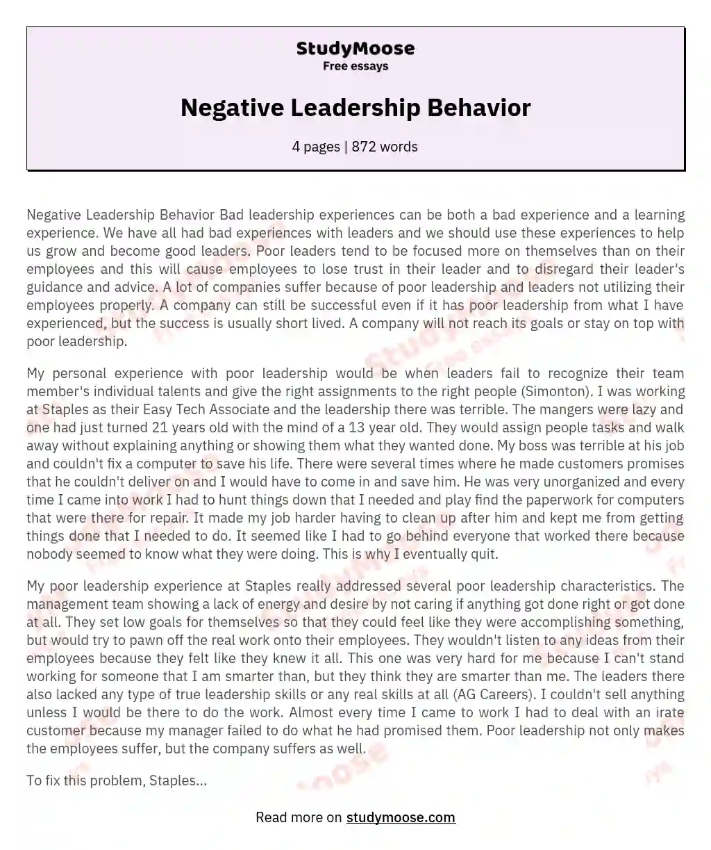 Negative Leadership Behavior essay
