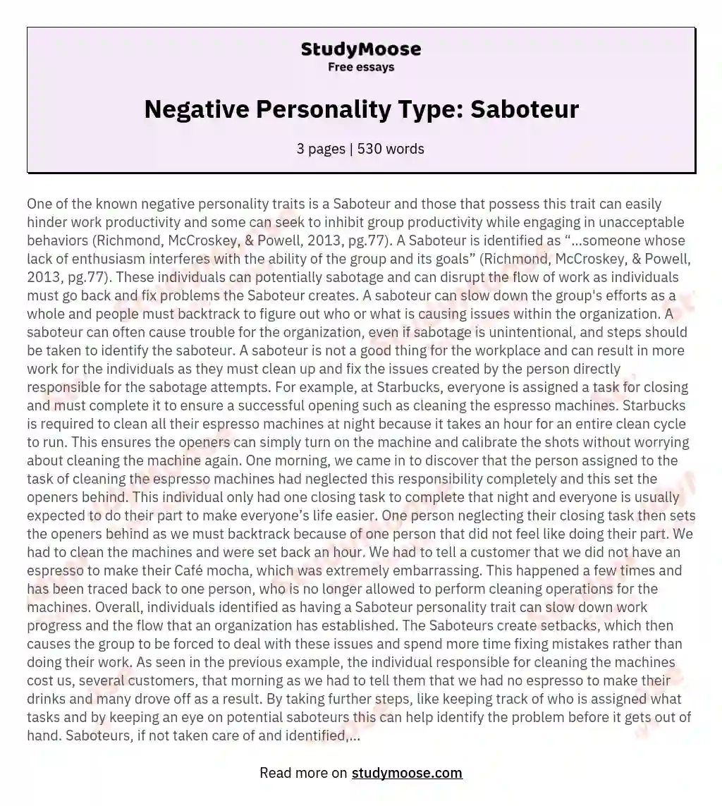 Negative Personality Type: Saboteur essay