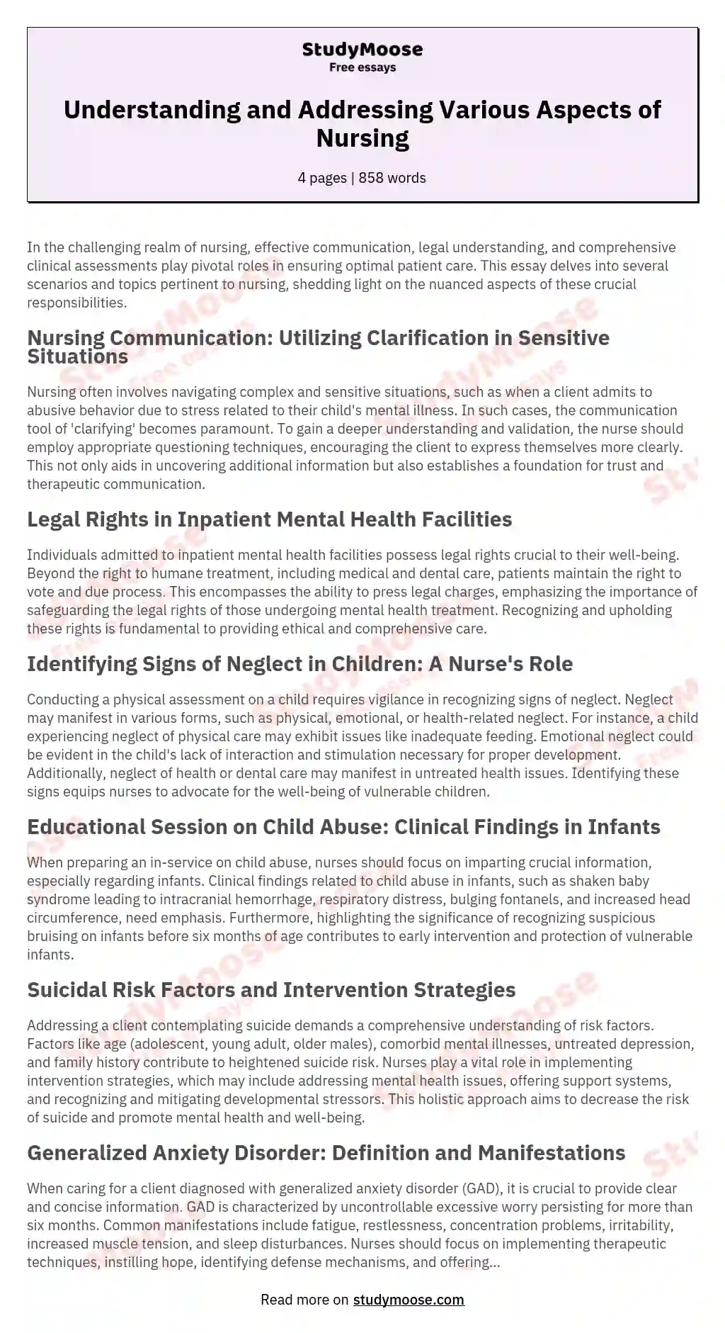 Understanding and Addressing Various Aspects of Nursing essay