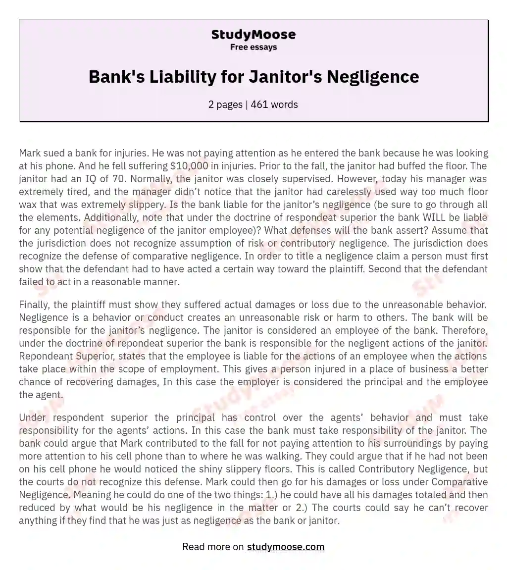 Bank's Liability for Janitor's Negligence essay
