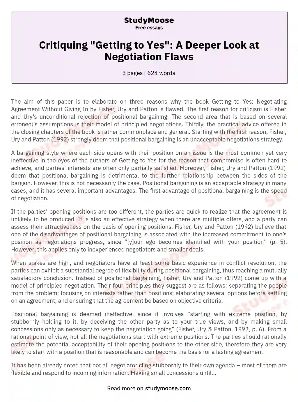 Critiquing "Getting to Yes": A Deeper Look at Negotiation Flaws essay