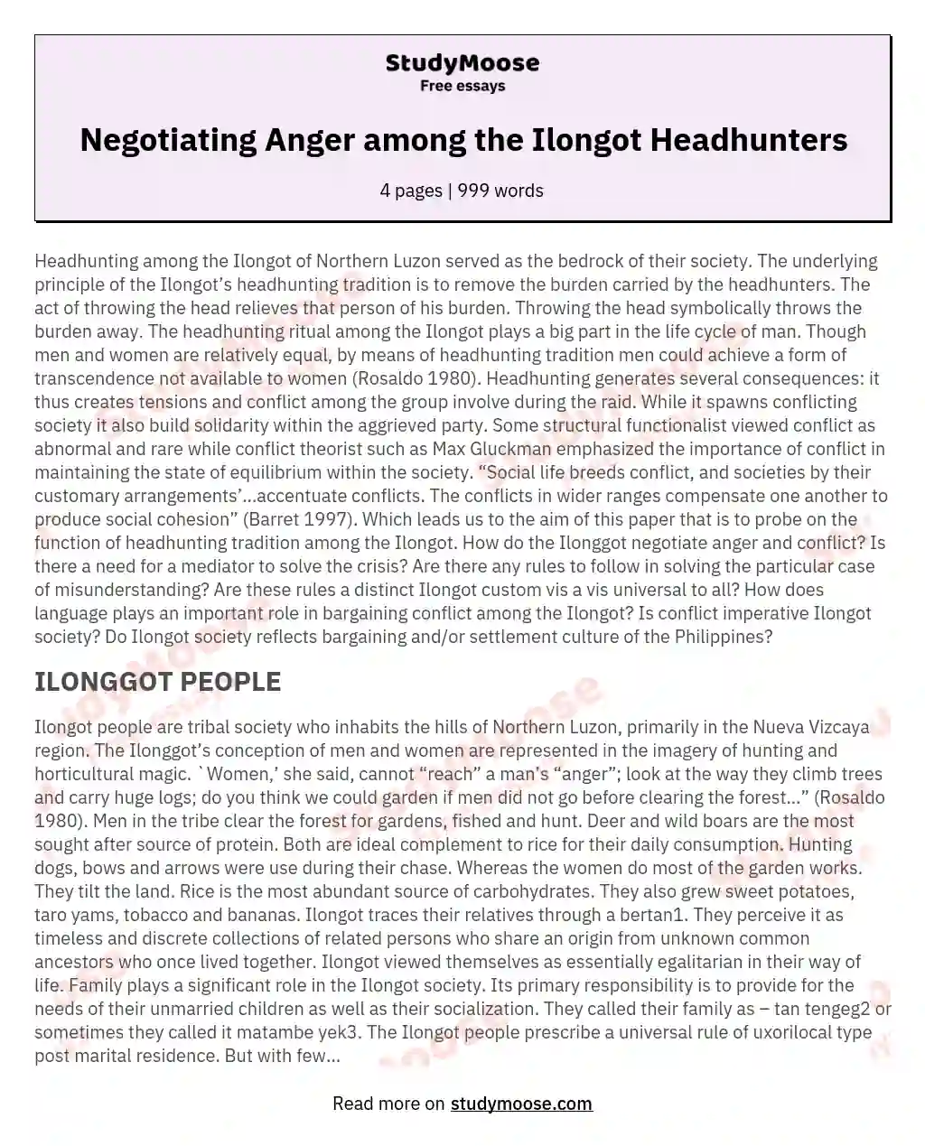 Negotiating Anger among the Ilongot Headhunters essay