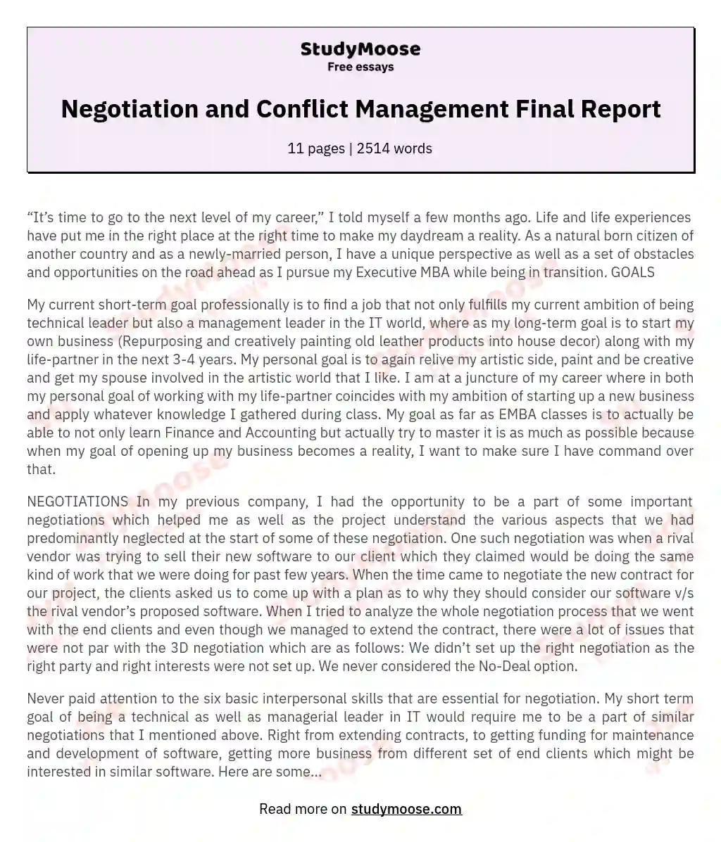 Negotiation and Conflict Management Final Report essay
