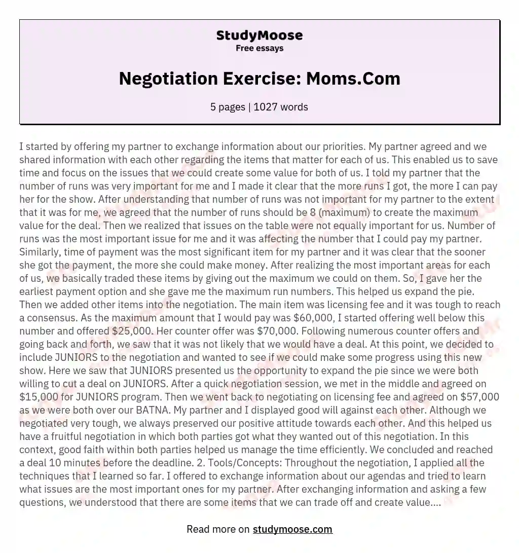Negotiation Exercise: Moms.Com essay