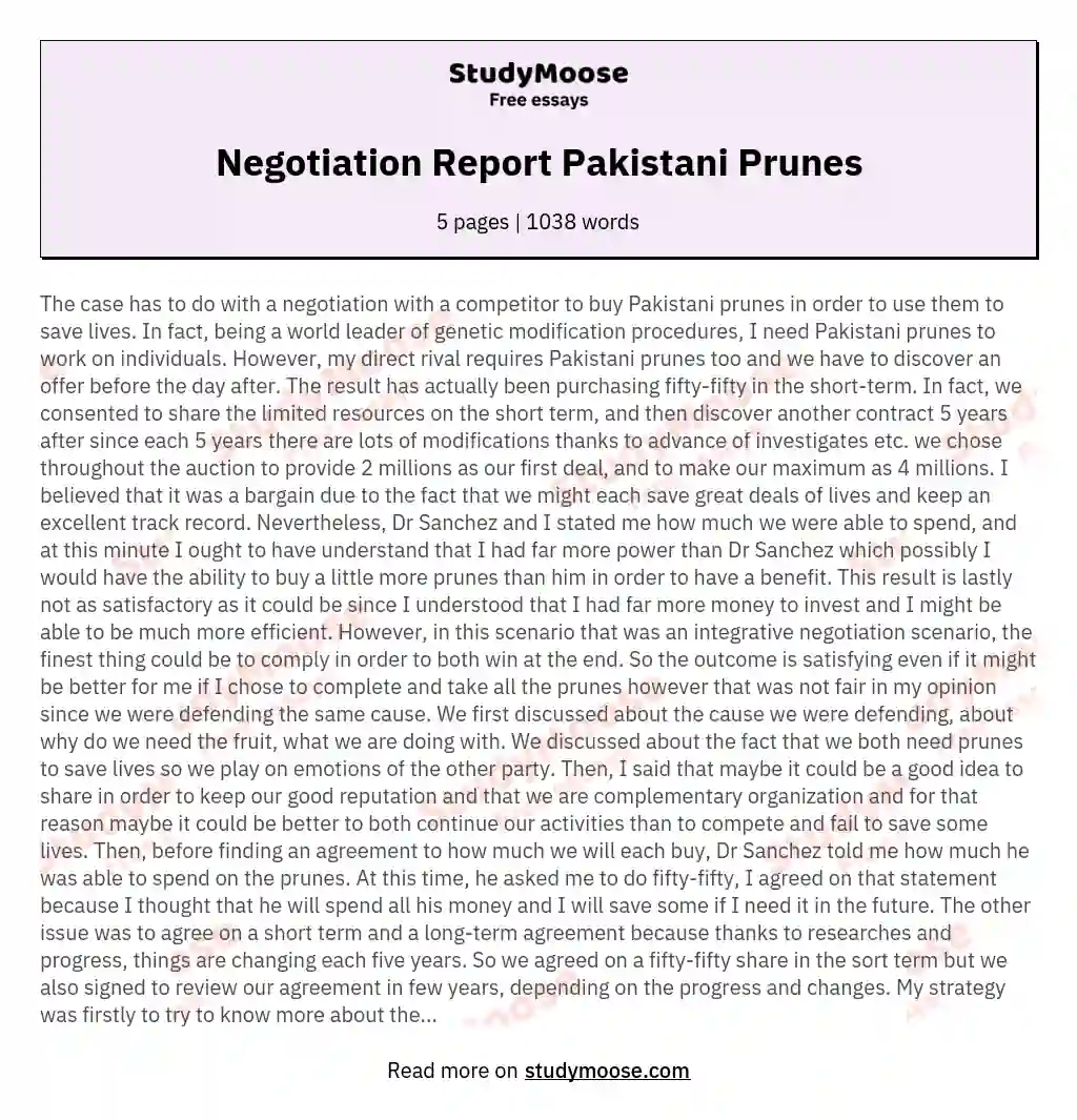 Negotiation Report Pakistani Prunes essay