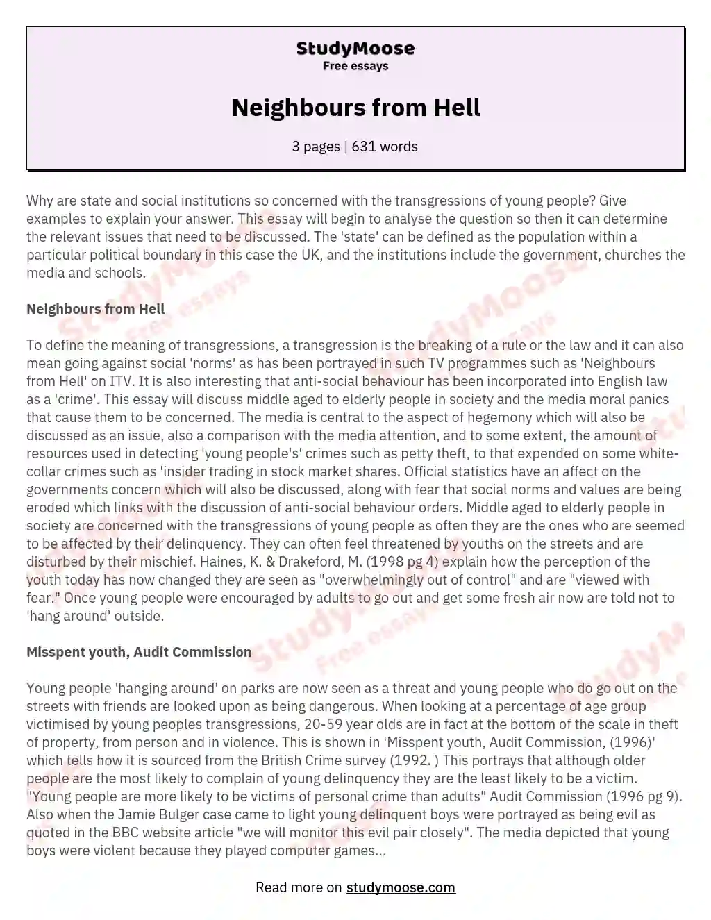 Neighbours from Hell essay