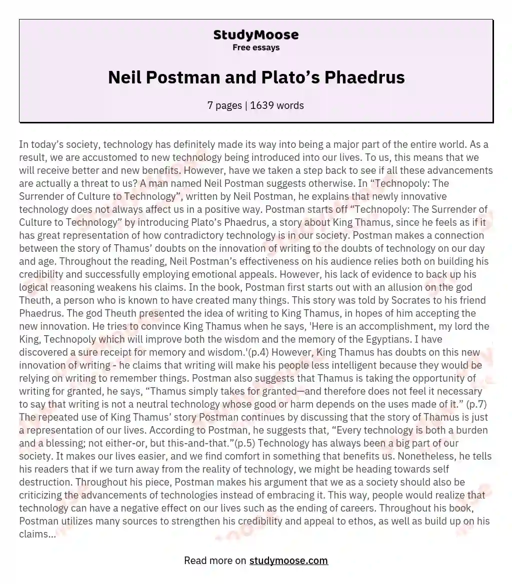 Neil Postman and Plato’s Phaedrus essay