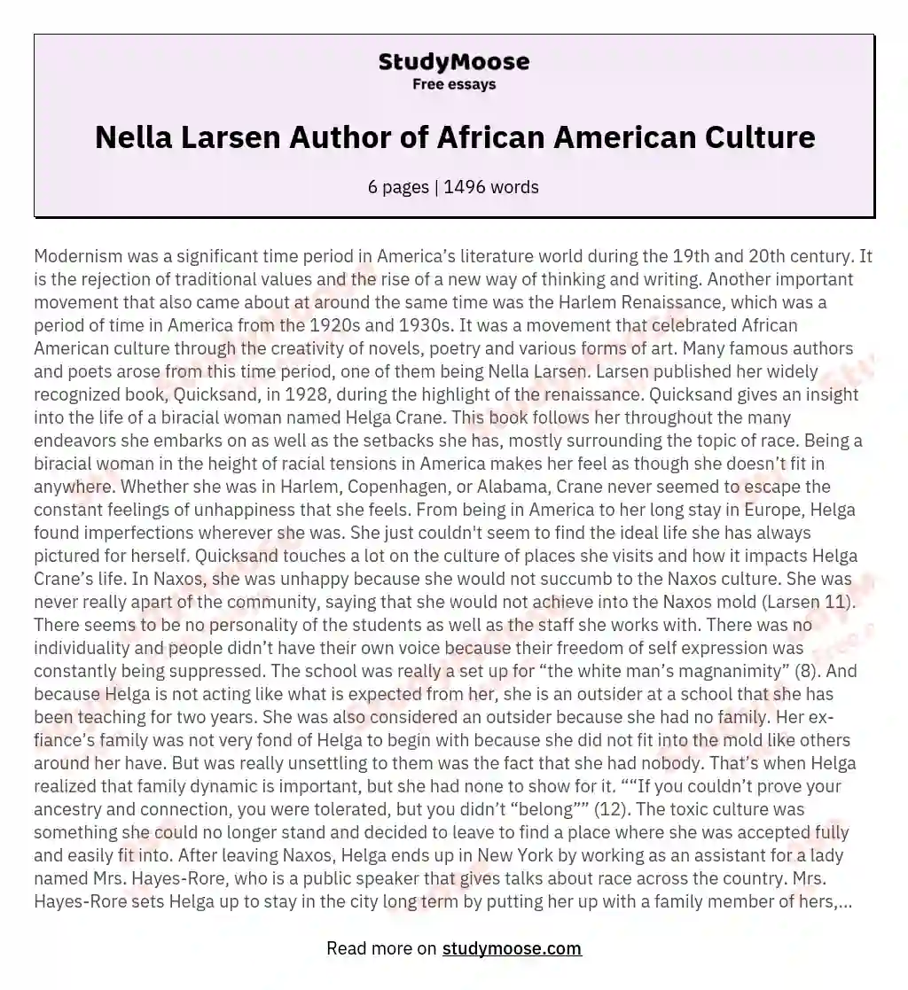 Nella Larsen Author of African American Culture essay