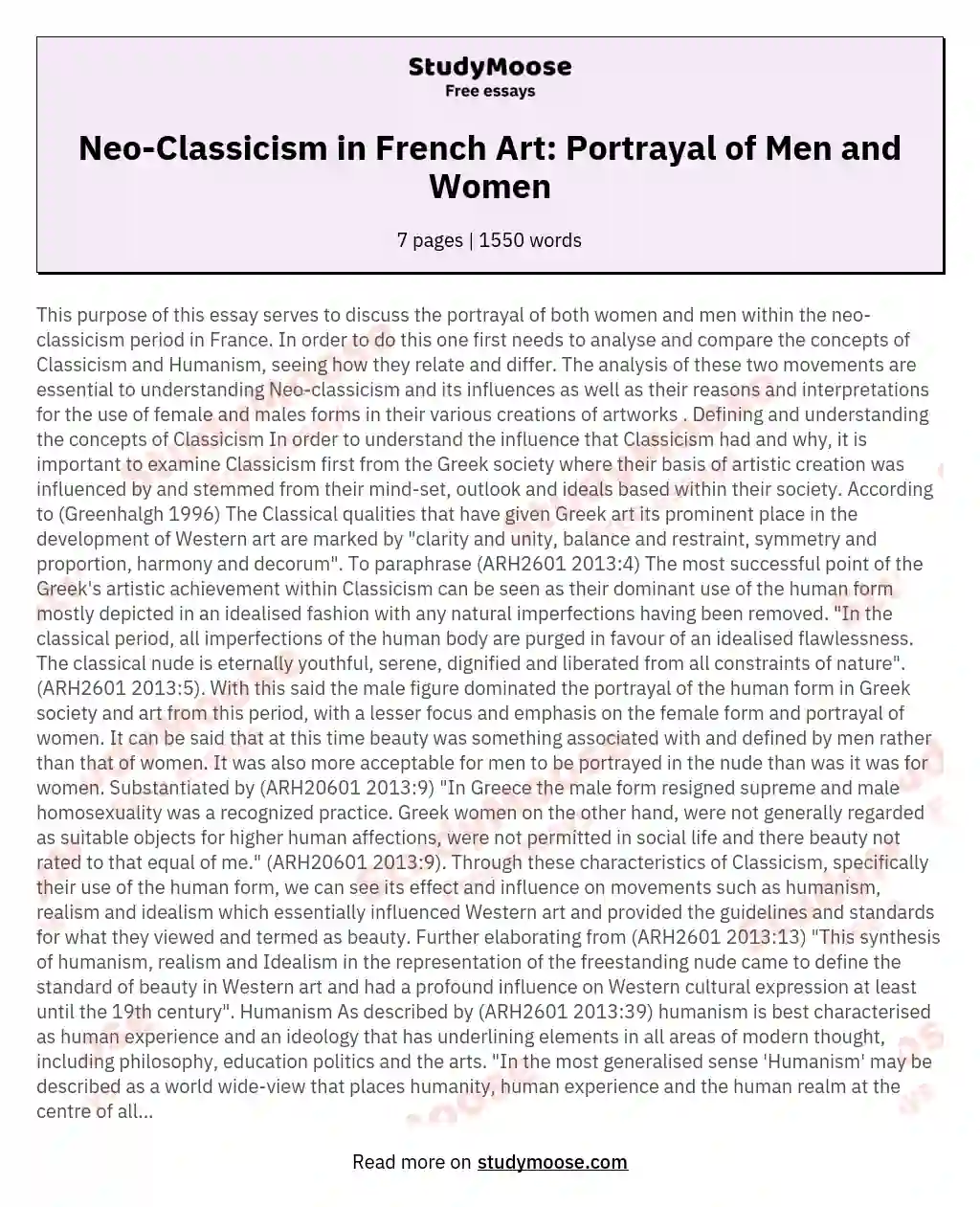 Neo-Classicism in French Art: Portrayal of Men and Women essay