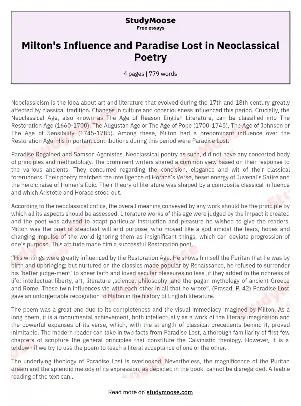 Milton's Influence and Paradise Lost in Neoclassical Poetry essay