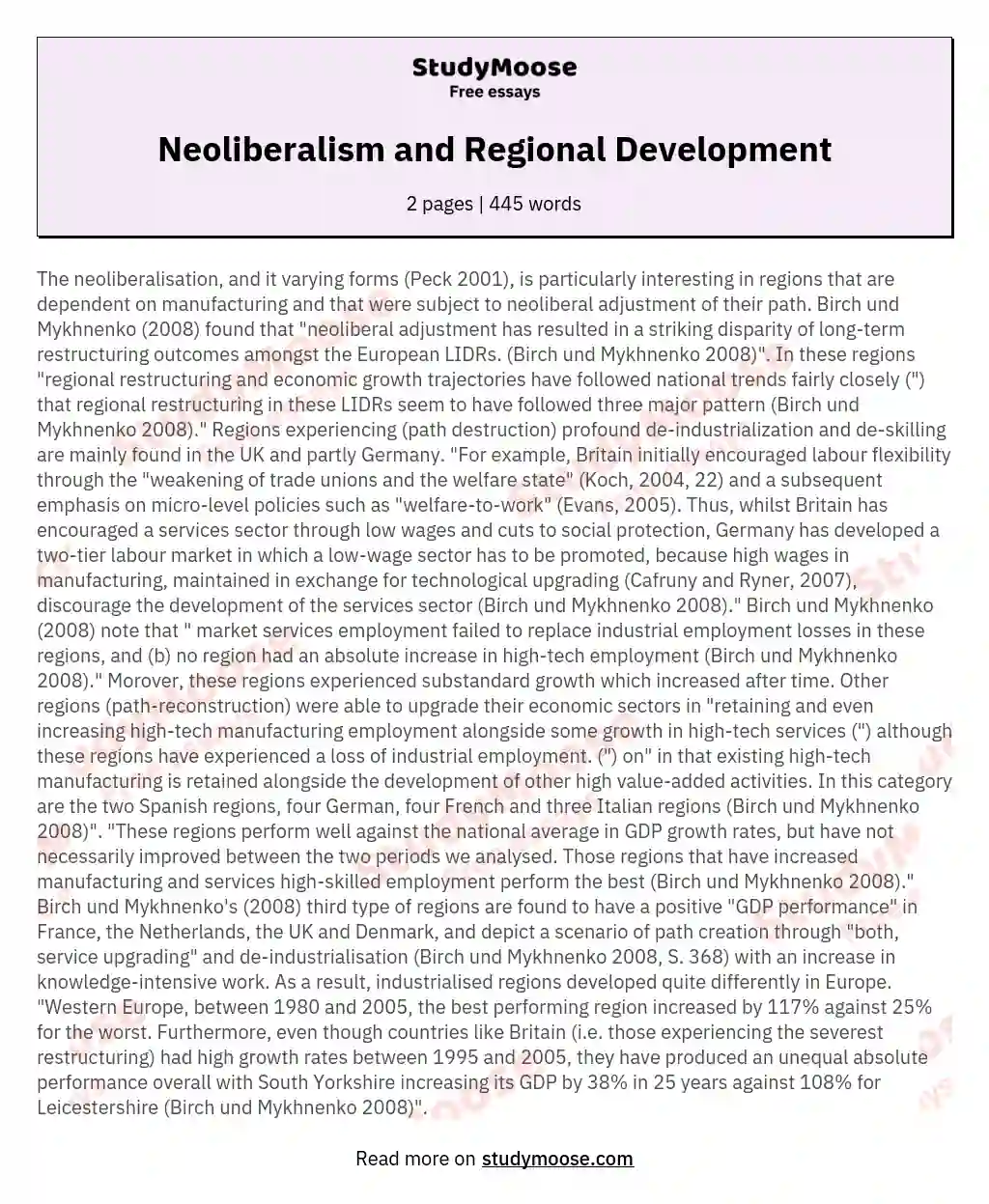 Neoliberalism and Regional Development essay