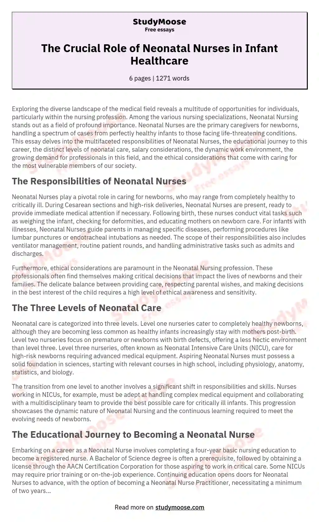 The Crucial Role of Neonatal Nurses in Infant Healthcare essay
