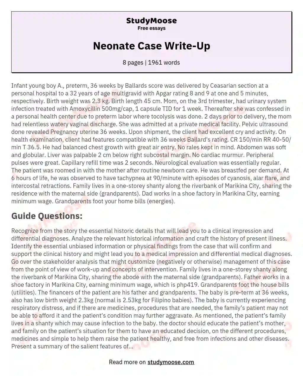Neonate Case Write-Up essay