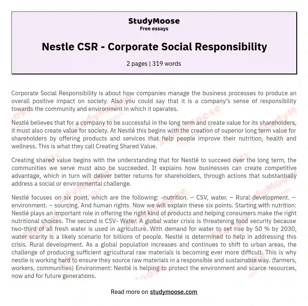 Nestlé's CSR Commitment: Creating Shared Value for Sustainable Societal Impact essay