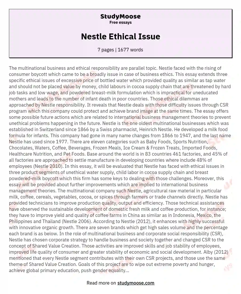 Nestle Ethical Issue essay