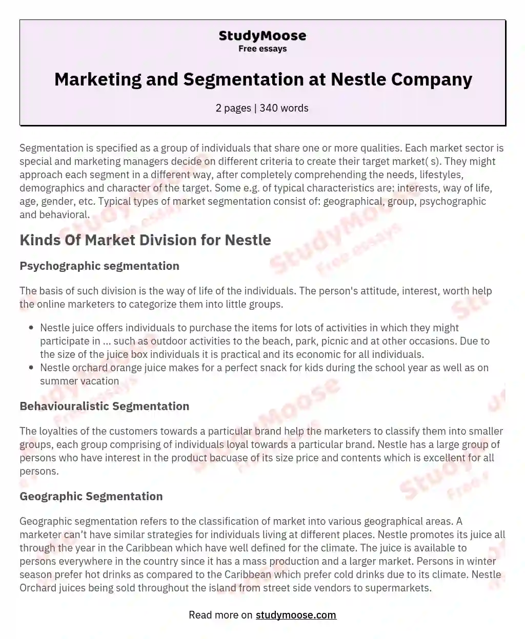 Marketing and Segmentation at Nestle Company