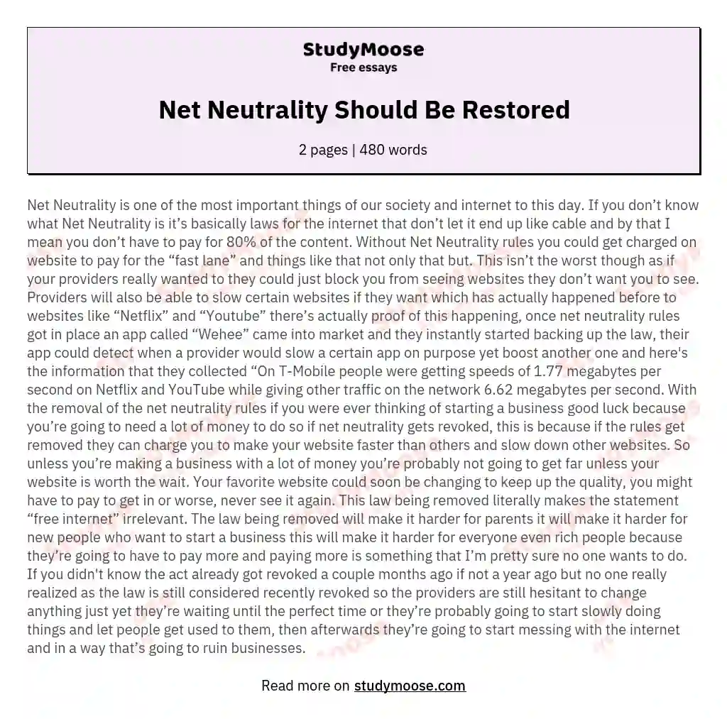 Net Neutrality Should Be Restored essay