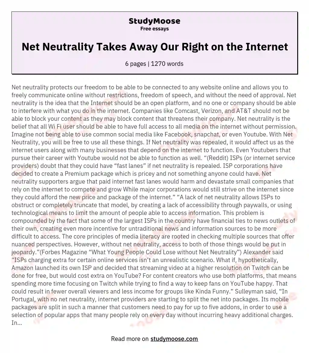 Net Neutrality Takes Away Our Right on the Internet essay