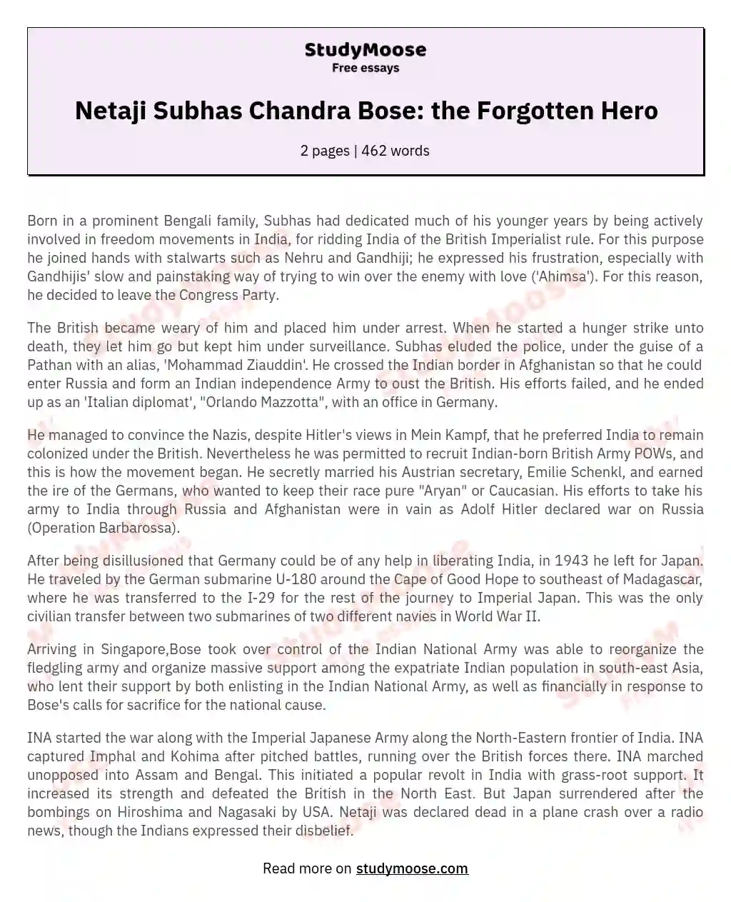 Netaji Subhas Chandra Bose: the Forgotten Hero essay
