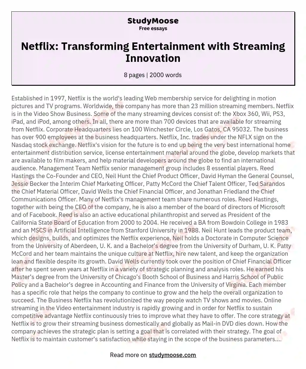 Netflix: Transforming Entertainment with Streaming Innovation essay