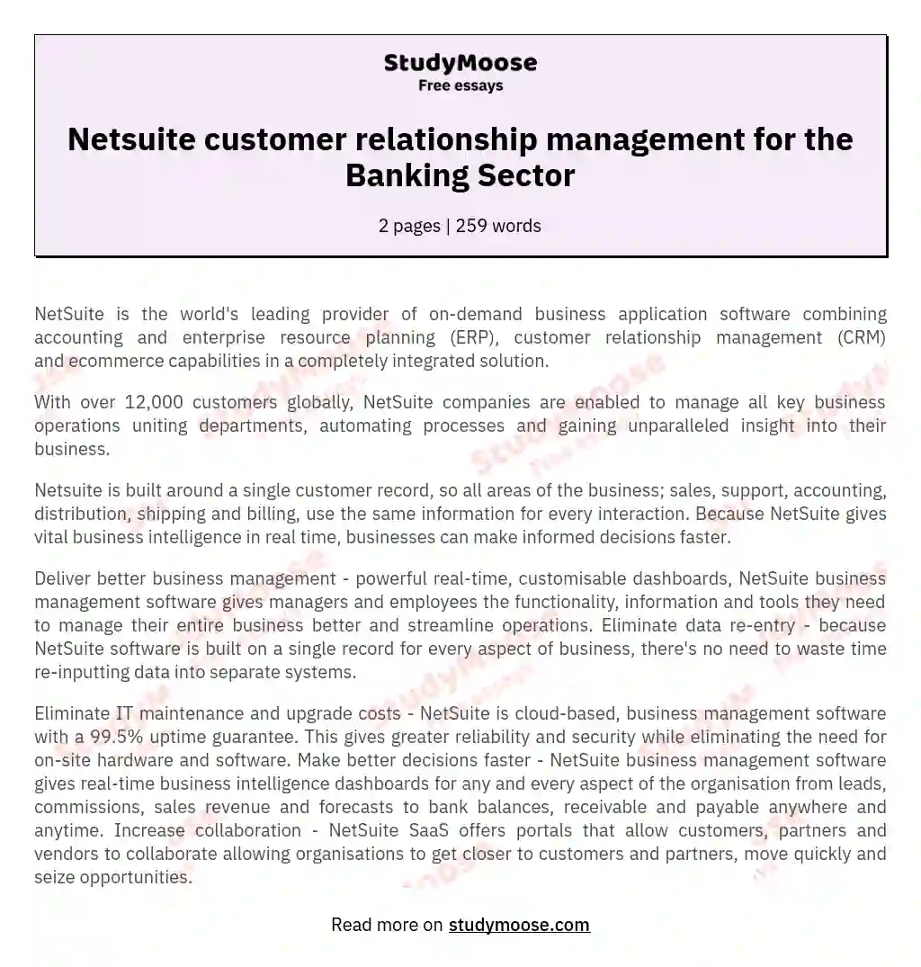 Netsuite customer relationship management for the Banking Sector essay