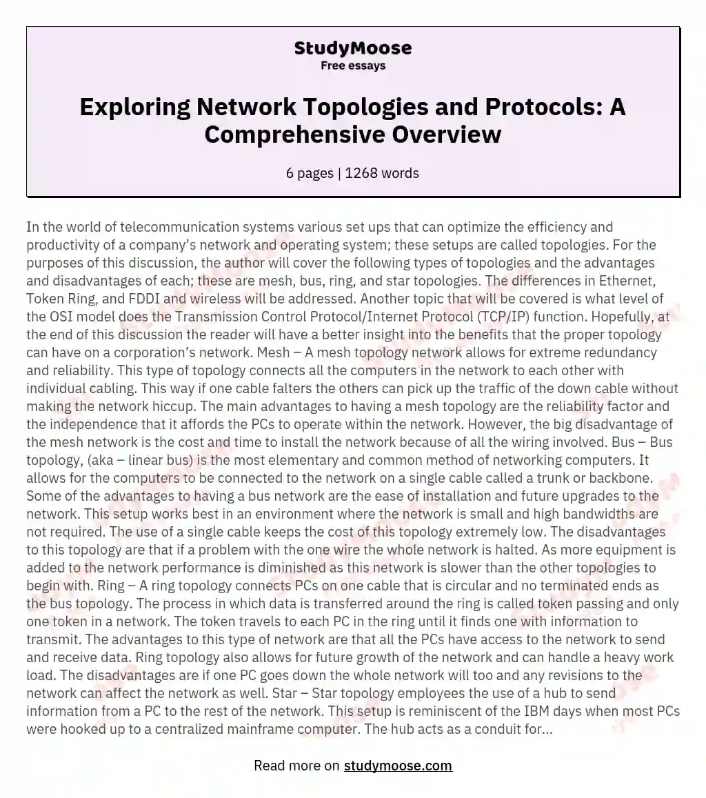 Exploring Network Topologies and Protocols: A Comprehensive Overview essay