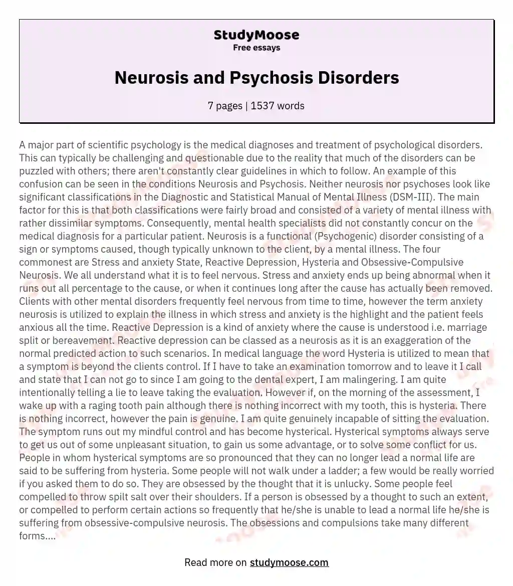 Neurosis and Psychosis Disorders essay